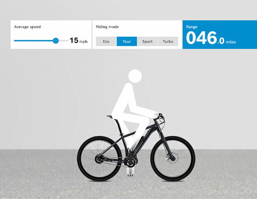 Example of Bosch eBike Online Services showing displays of average speed, riding mode, and range