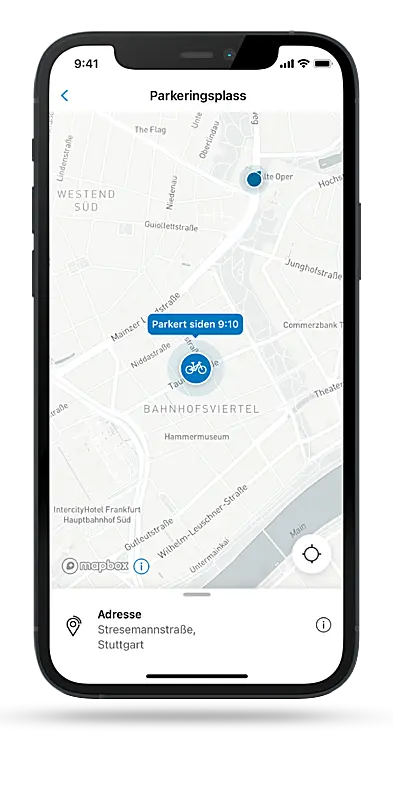 Skjermbilde av smarttelefonens skjerm som viser parkeringsposisjonen til e-sykkelen på et kart i eBike Flow-appen.