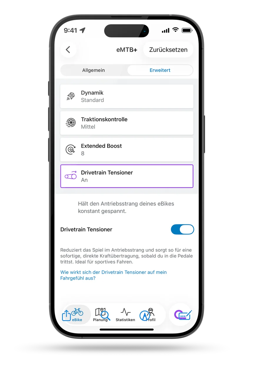 Screenshot der eBike Flow App eMTB+ Modus Einstellungen. Das "Erweitert" Menü erlaubt Einstellungen zur Dynamik, Traktionskontrolle, dem Extended Boost und des Drivetrain Tensioner. Angewählt ist der Drivetrain Tensioner, welcher den Antriebsstrang des eBikes konstant gespannt hält.