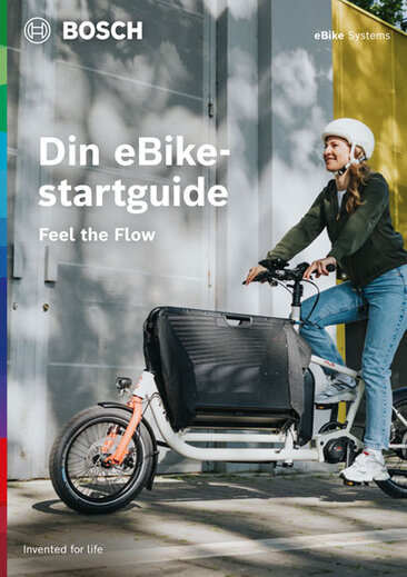 Omslag till en produktbroschyr med texten "Your elcykel (/eBike) Starter Guide", inklusive "Feel the Flow". Bakgrundsbilden visar en eBiker. I det övre högra hörnet står det "elcykel (/eBike) Systems".