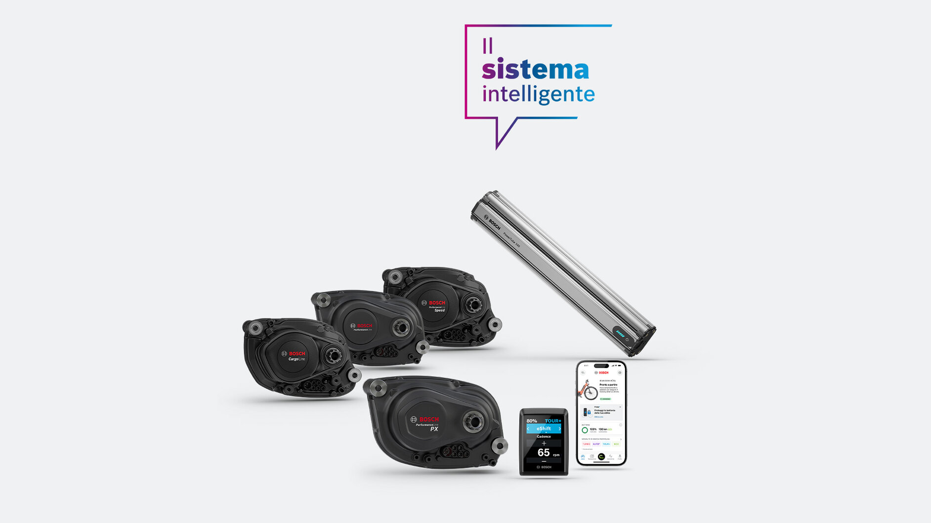 Le unità di trasmissione Cargo Line, Performance Line, Performance Line PX e Performance Line Speed, un Kiox, uno smartphone con l'app eBike Flow aperta e il PowerTube 540 raffigurati come isolati, oltre a un fumetto blu e viola con la scritta "The smart system" su sfondo bianco.