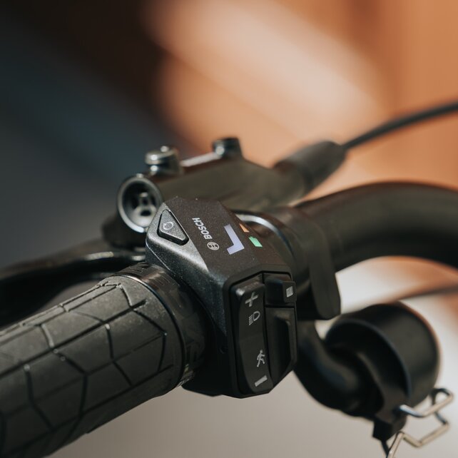 Close-up van een eBike-stuur met focus op de Bosch LED-controller.
