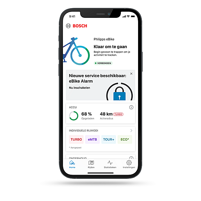 Screenshot van het startscherm van de eBike Flow-app, waar de nieuwe eBike Alarm Service te zien is, die een extra beveiligingsfunctie biedt voor eBike-gebruikers.