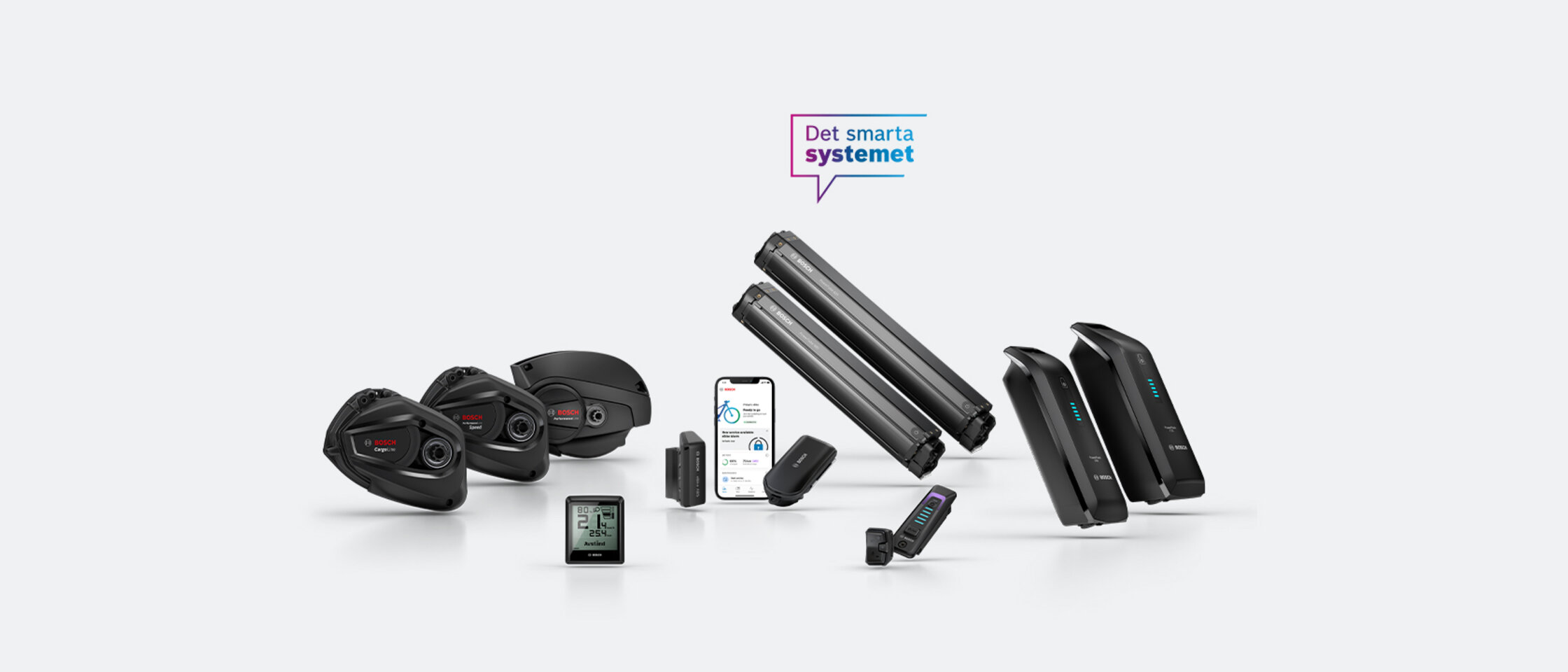 Drivenheter, Cargo Line, Performance Line och Performance Line Speed, PowerTube 500- och 625-batterierna, PowerPacks 545 och 725, eBike ABS, eBike Alarm, Intuvia 100-displayen, systemkontrollern och minifjärrkontrollen samt en smartphone med eBike Flow-appen öppen.