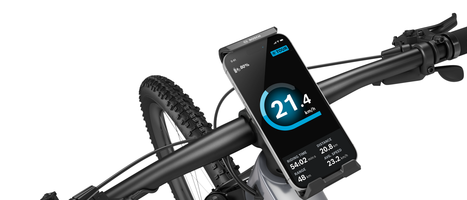 Close-up of eBike handlebars with a SmartphoneGrip Vertical holding a smartphone placed in the center.