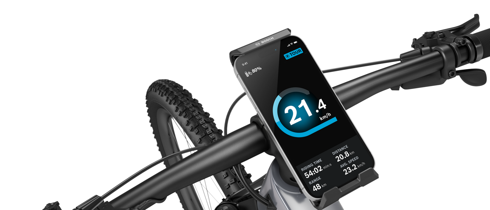Close-up of eBike handlebars with a SmartphoneGrip Vertical holding a smartphone placed in the center.