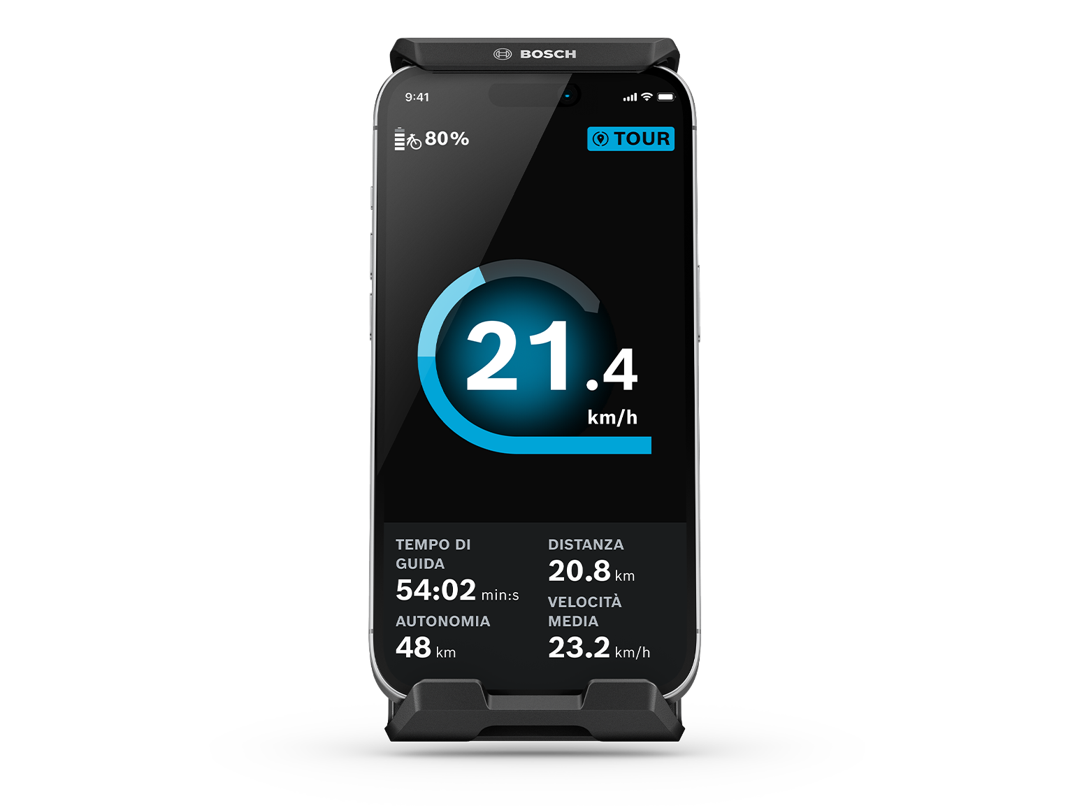 Uno smartphone tagliato che funziona come ciclocomputer ed è inserito nella SmartphoneGrip Vertical. Mostra la schermata Ridescreen.