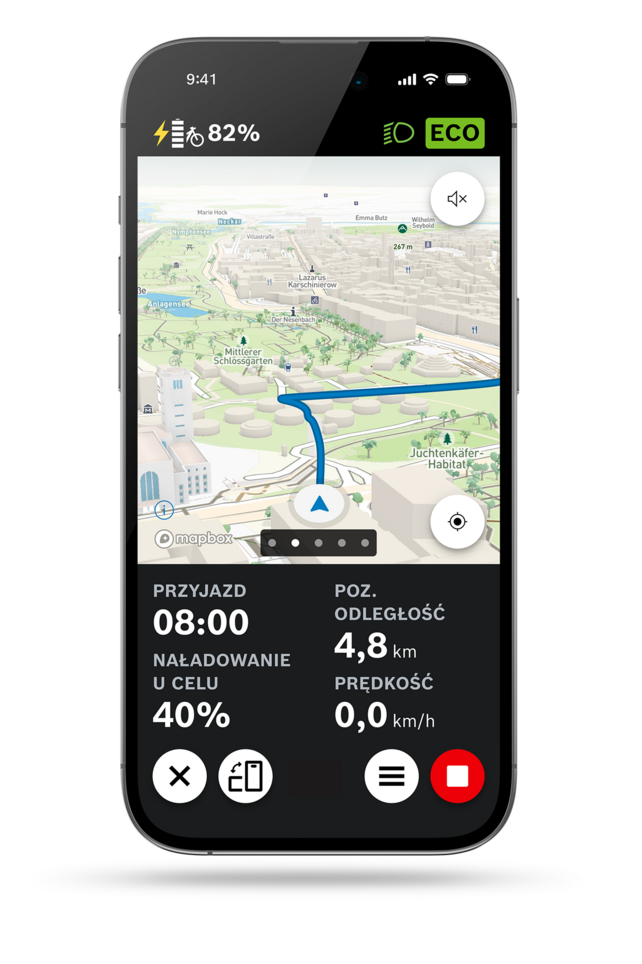 Aplikacja eBike Flow: zrzut ekranu z ekran widoku mapy nawigacji z widokiem mapy 3D.