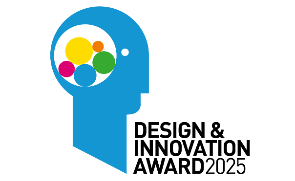Icon with the text "DESIGN & INNOVATION AWARD 2025": A blue symbol depicting the outline of a head. Inside the head, colorful circles can be seen.