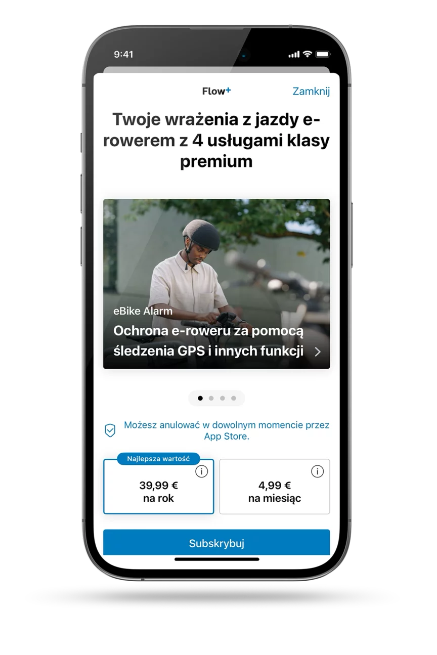 Zrzut ekranu otwartej aplikacji eBike Flow, przedstawiający opcje subskrypcji; dla Flow+: 39,99 € rocznie lub 4,99 € miesięcznie.