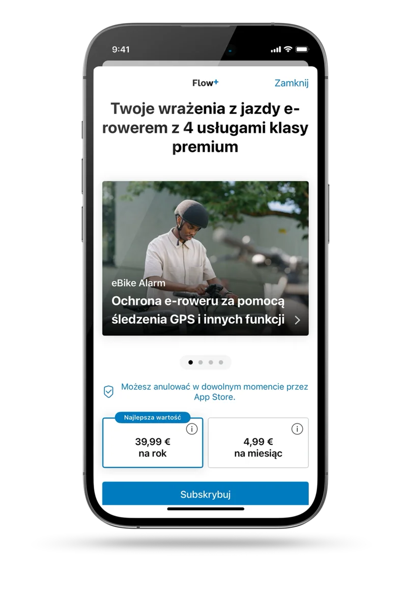 Zrzut ekranu otwartej aplikacji eBike Flow, przedstawiający opcje subskrypcji; dla Flow+: 39,99 € rocznie lub 4,99 € miesięcznie.