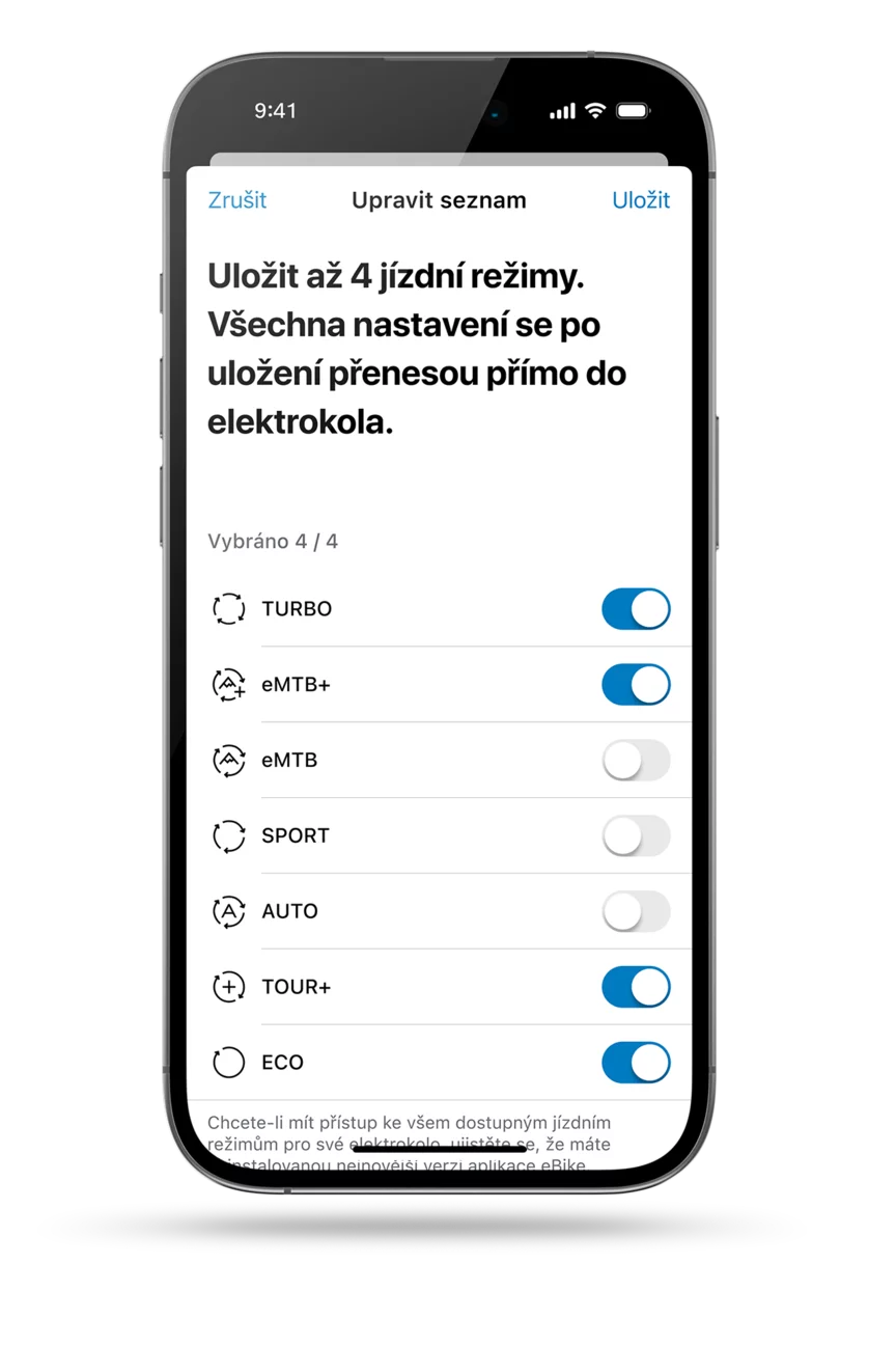 Obrazovka aplikace eBike Flow: seznam dostupných jízdních režimů (Turbo, eMTB+, eMTB, Sport, Auto, Tour+, Eco) pro individuální nastavení eBike. Můžeš si vybrat maximálně čtyři jízdní režimy. Vybrány jsou Turbo, eMTB+, Tour+ a Eco.