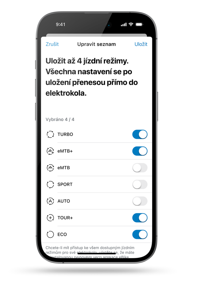 Obrazovka aplikace eBike Flow: seznam dostupných jízdních režimů (Turbo, eMTB+, eMTB, Sport, Auto, Tour+, Eco) pro individuální nastavení eBike. Můžeš si vybrat maximálně čtyři jízdní režimy. Vybrány jsou Turbo, eMTB+, Tour+ a Eco.
