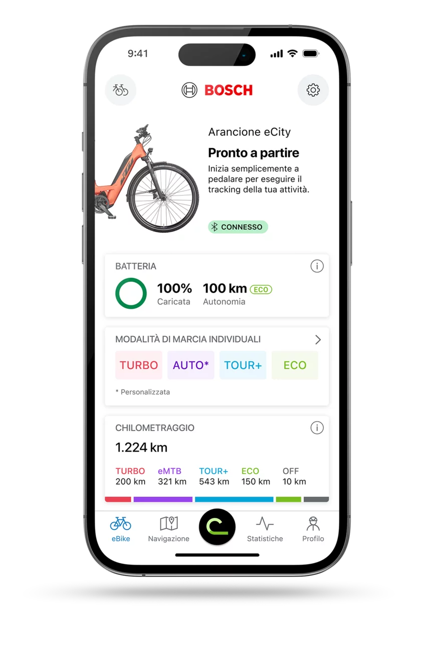 Schermata iniziale dell'app eBike Flow per IOS su smartphone isolato.