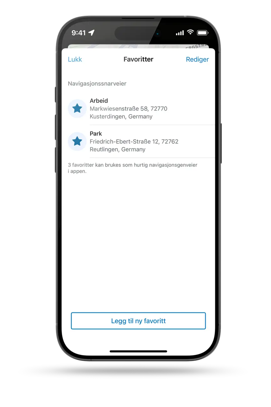 Skjermbilde av en smarttelefonskjerm som viser eBike Flow-app navigasjonssnarveier, inkludert to favoritter, «Arbeid» og «Park», samt alternativet «Legg til ny favoritt».