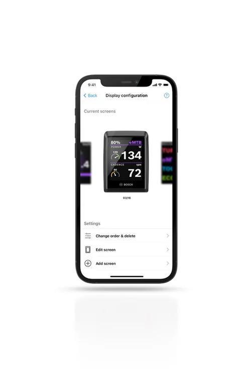 Screenshot of the smartphone display, showing the display configuration in the eBike Flow app, including possible settings.