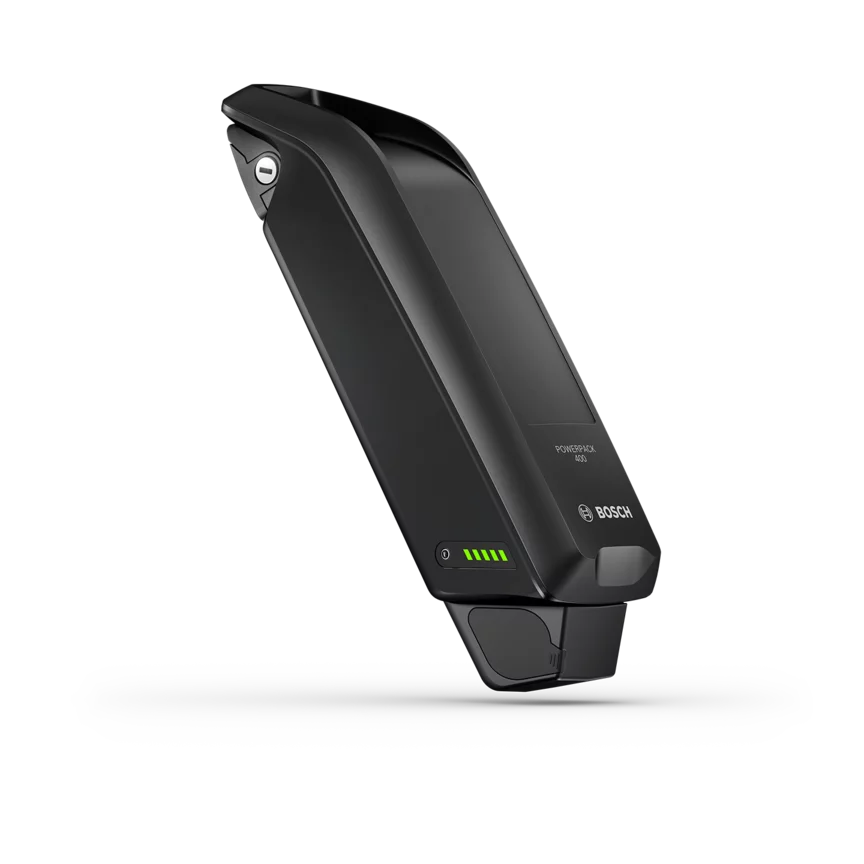 Batteria eBike PowerPack 400 in primo piano su sfondo bianco.