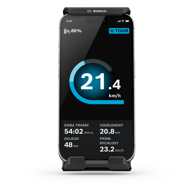 Oříznutý smartphone, který slouží jako palubní počítač a je upevněný v SmartphoneGrip Vertical. Zobrazuje obrazovku jízdy.