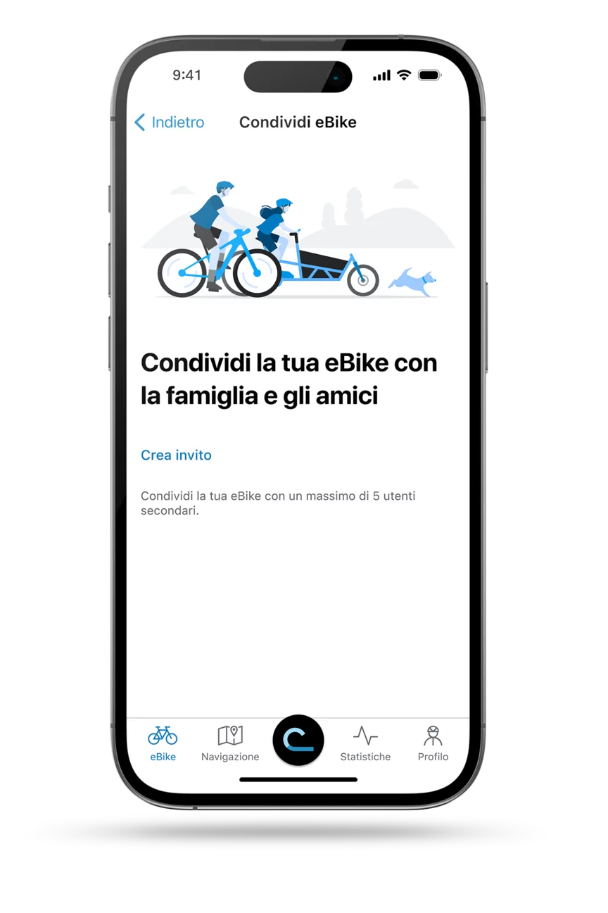 app eBike Flow: schermata della funzione "Condividi eBike".