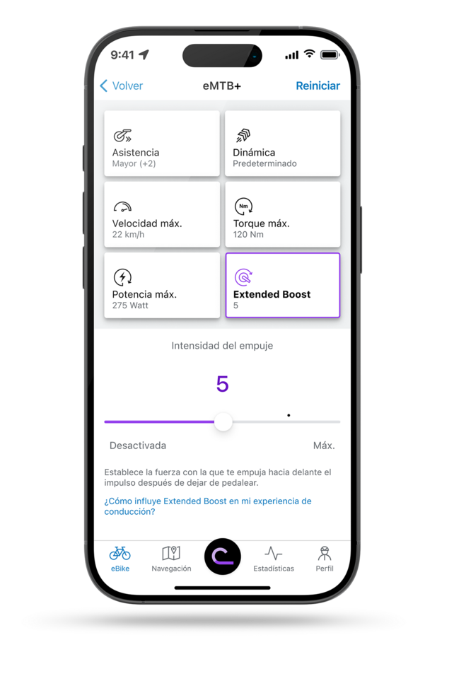 smartphone que muestra la aplicación eBike Flow con la configuración abierta para el Extended Boost en el modo eMTB+.