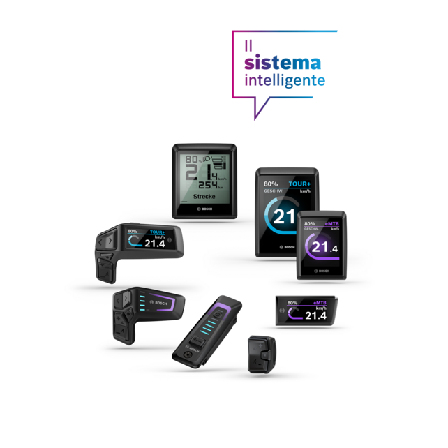 Rappresentazione ritagliata dei display e delle app Bosch eBike con fumetto "The smart system".