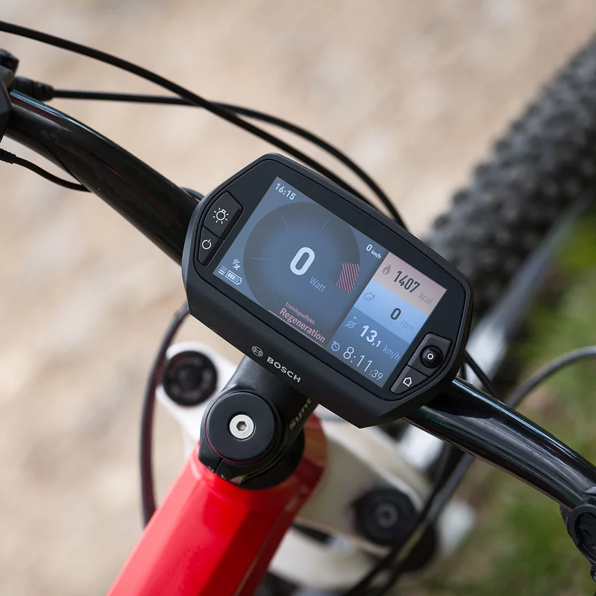 eBike handlebars from the perspective of the rider, featuring a securely attached and active Nyon display.