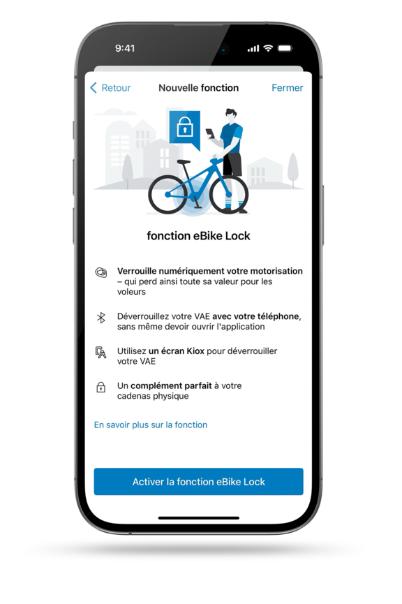 Capture d'écran d'un smartphone avec l'application eBike Flow ouverte, présentant la nouvelle fonction eBike Lock.
