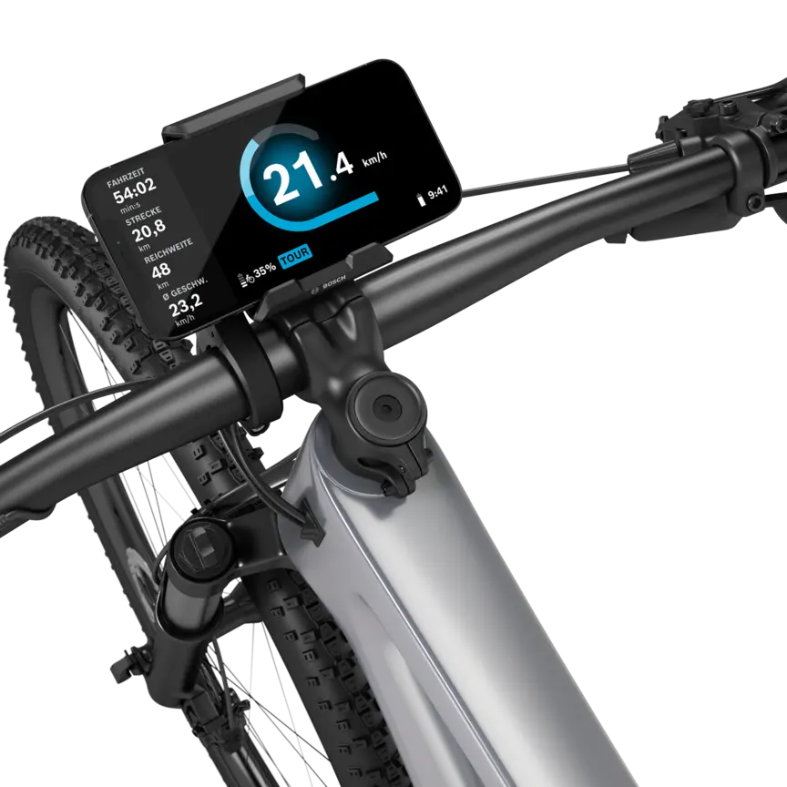 Zoom auf den Lenker eines freigeschnittenenes eBikes, an dem ein SmartphoneGrip mit eingesetztem Smartphone zu erkennen ist.