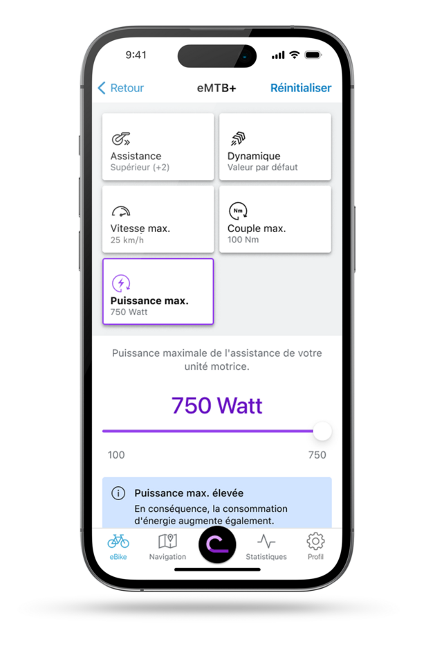 Écran de l’application EBike Flow affichant le paramètre de performance.
