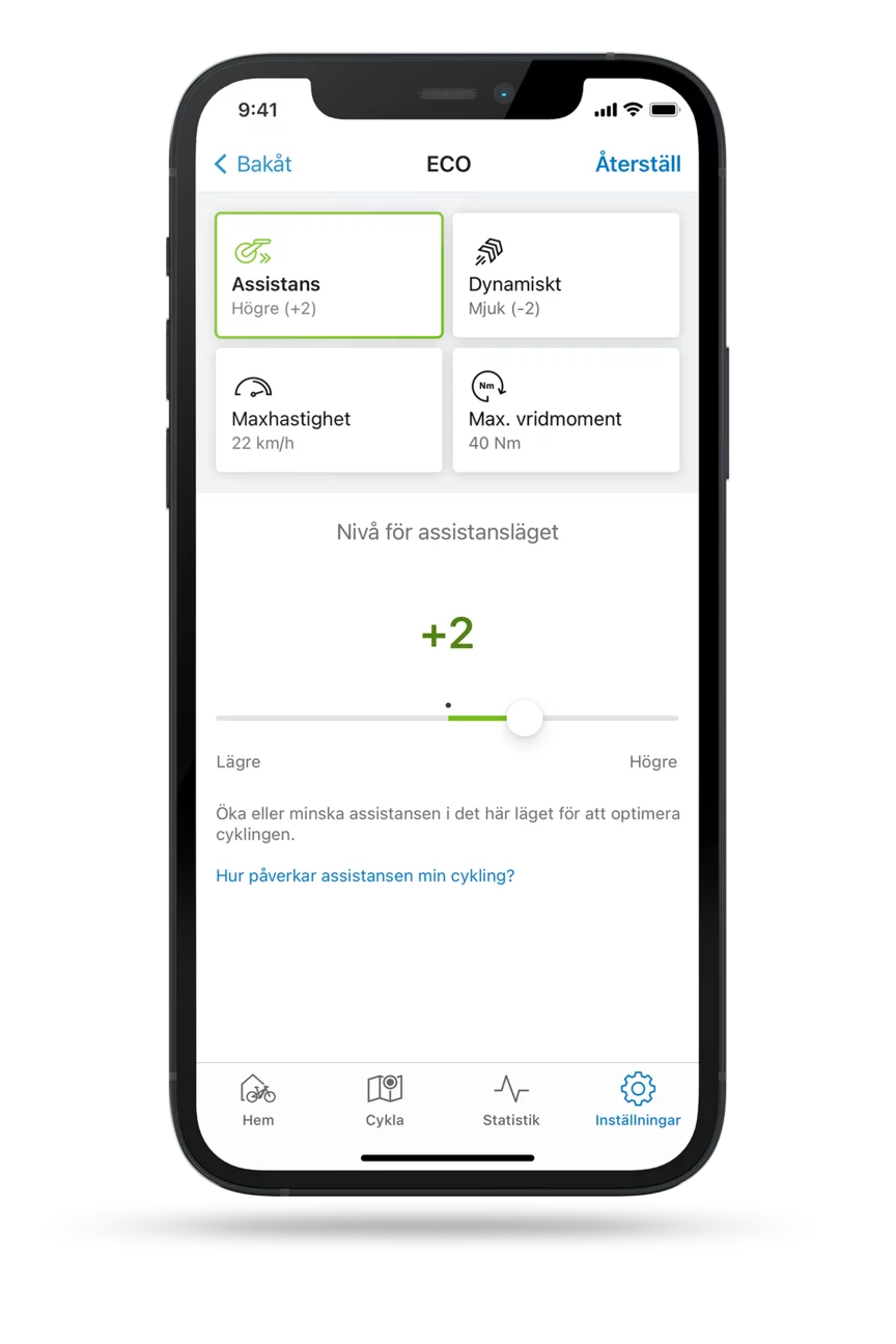 Frilagd skärm av eBike Flow-appen med öppen inställning för assistansfunktionen i ECO-läge.