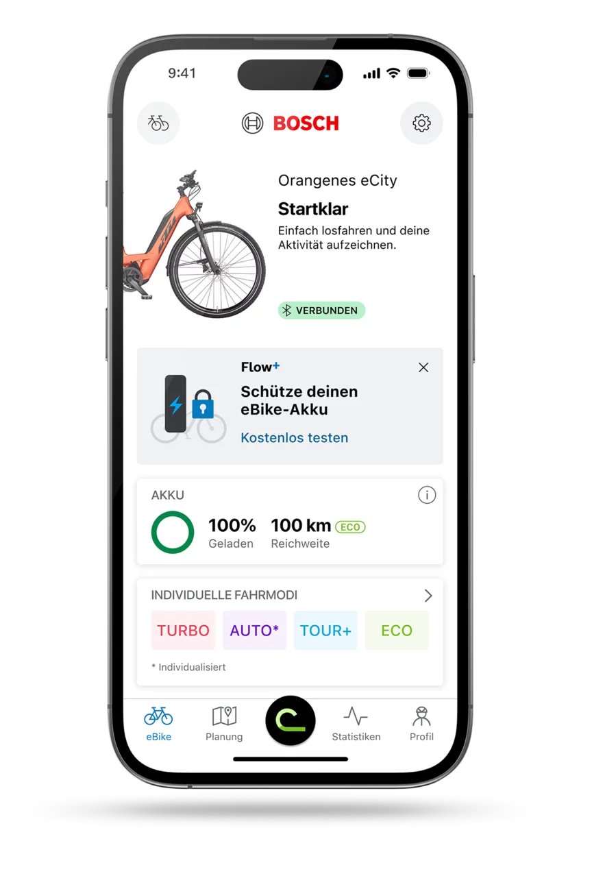 Screenshot der eBike Flow App: Startbildschirm mit Hinweis zur Funktion "Schütze deinen eBike-Akku" und Möglichkeit zum kostenlosen Test.