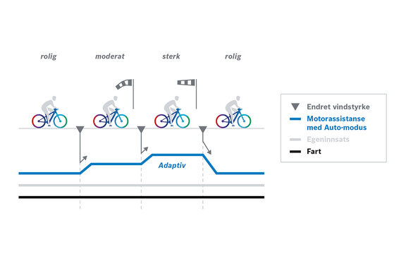 Grafikk som viser "Motorstøtte med automatisk modus", "Førerytelse" og "Hastighet" i forhold til "Endring av vindstyrke".