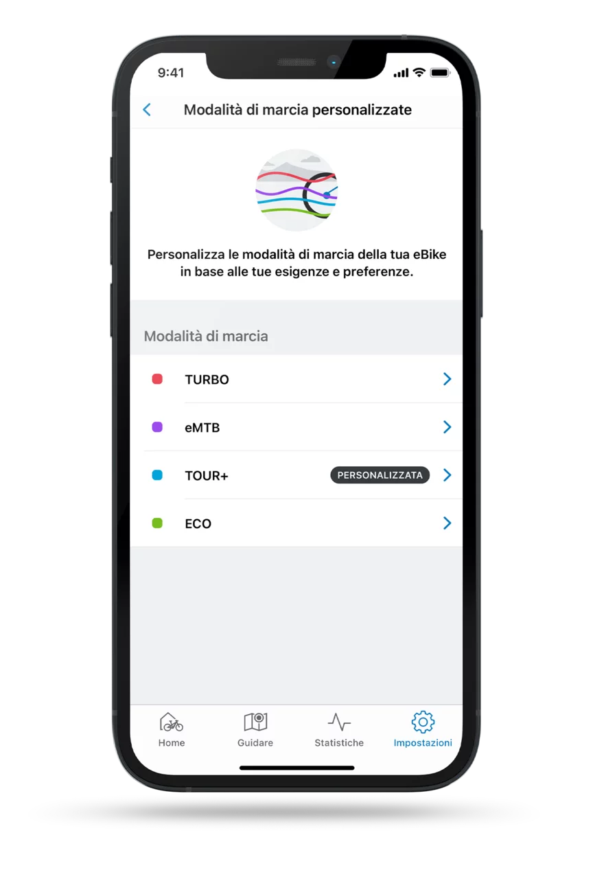 Scatto schermata facoltativo del app eBike Flow con la selezione delle modalità aperta.