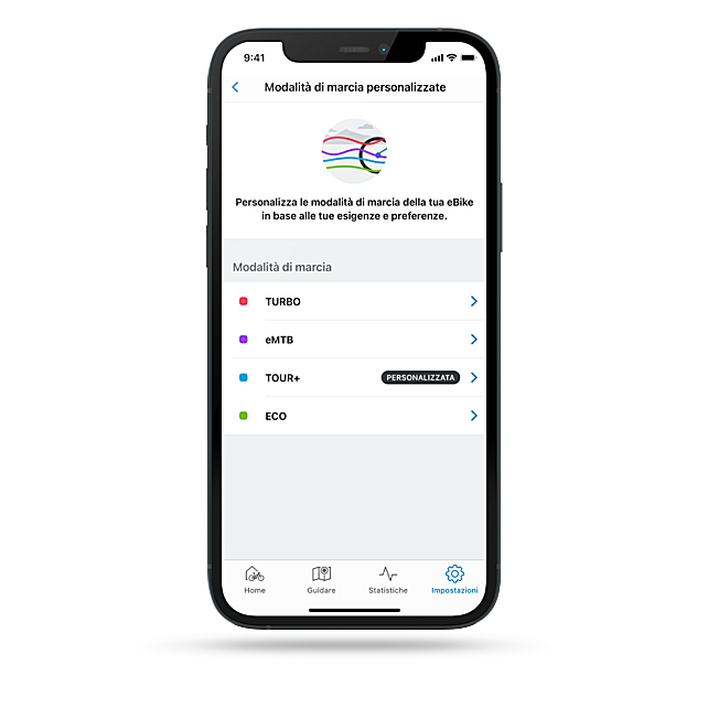 Scatto schermata facoltativo del app eBike Flow con la selezione delle modalità aperta.