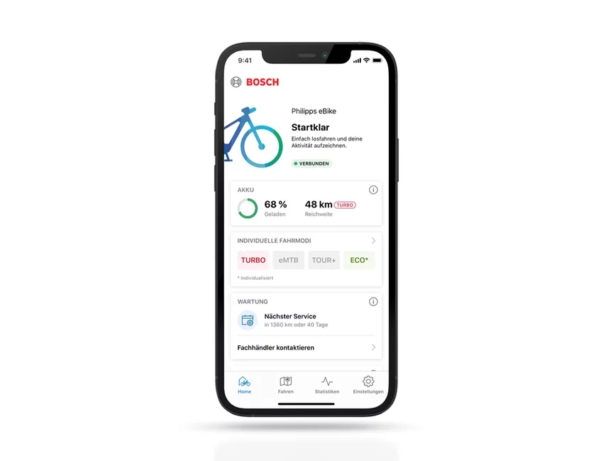 Screenshot eines Smartphone-Displays, mit geöffneter Startseite der eBike Flow App mit generellen Informationen über das verbundene eBike.