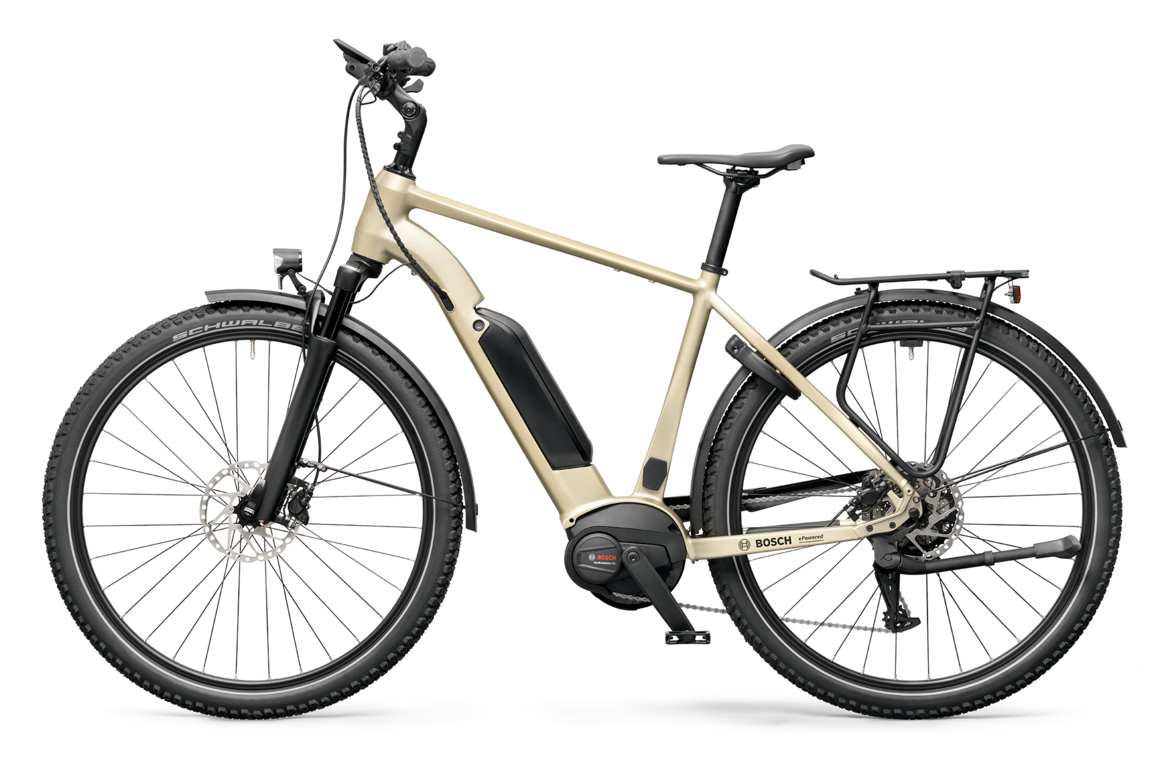 Cropped light yellow eTrecking bike.