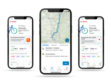 Trois smartphones côte à côte, isolés sur un fond gris. Les écrans affichent différentes pages de l’application eBike Flow ouverte.