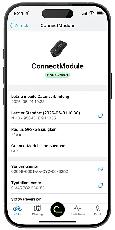 Freigestelltes Smartphone mit geöffneter eBike Flow App. Zu sehen sind die Detailinfromationen des ConnectModules.