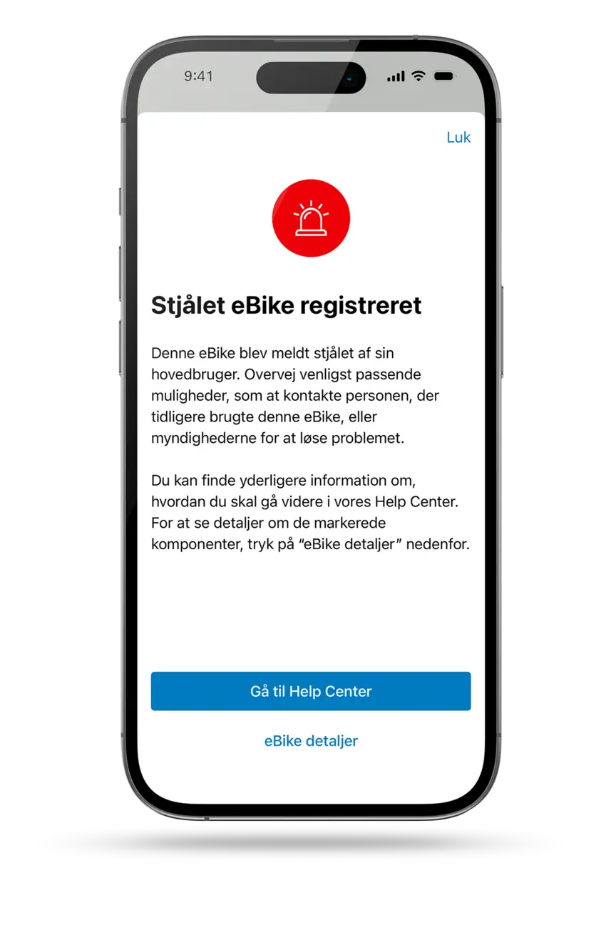 Advarselsbesked om stjålet elcykel og næste skridt.