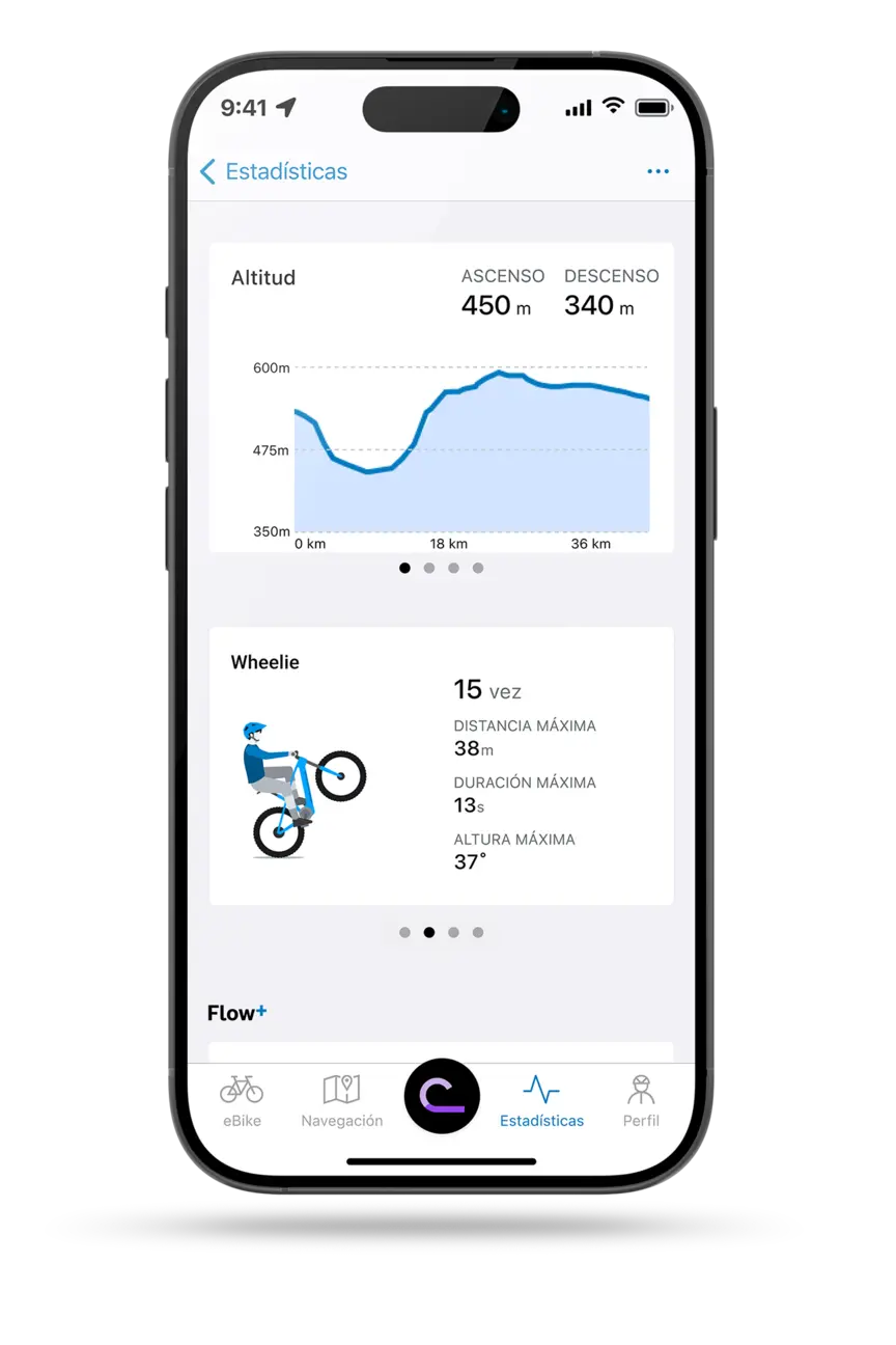 Captura de pantalla de un smartphone que muestra la página de estadísticas de la aplicación eBike Flow. En la parte superior aparece un gráfico de altitud con los datos de ascenso y descenso; debajo, las estadísticas de "caballito" con sus valores máximos. En la parte inferior, la barra de navegación con "eBike", "Planificación", el símbolo de flow, "Estadísticas" y "Perfil".