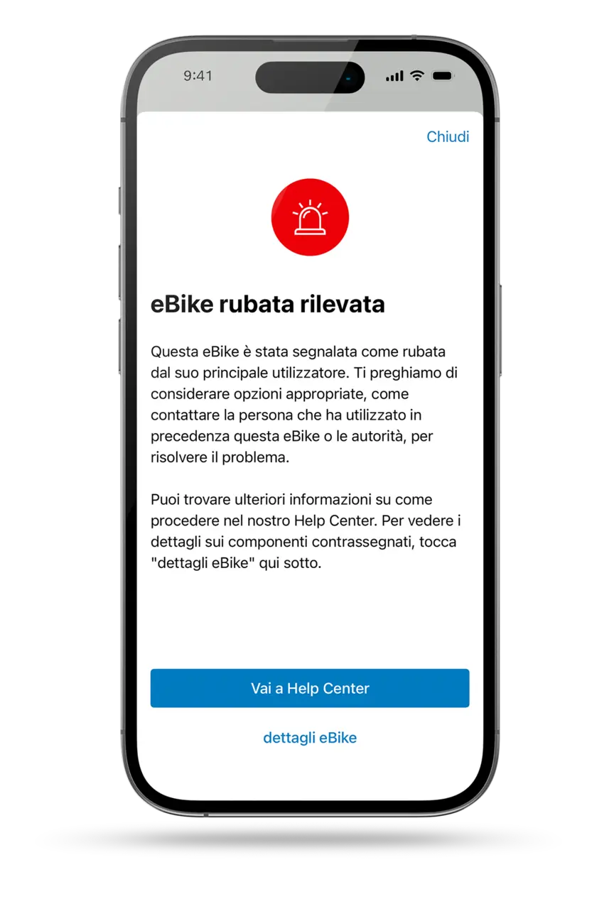 Messaggio di avviso sul furto dell’eBike e sui prossimi passi.