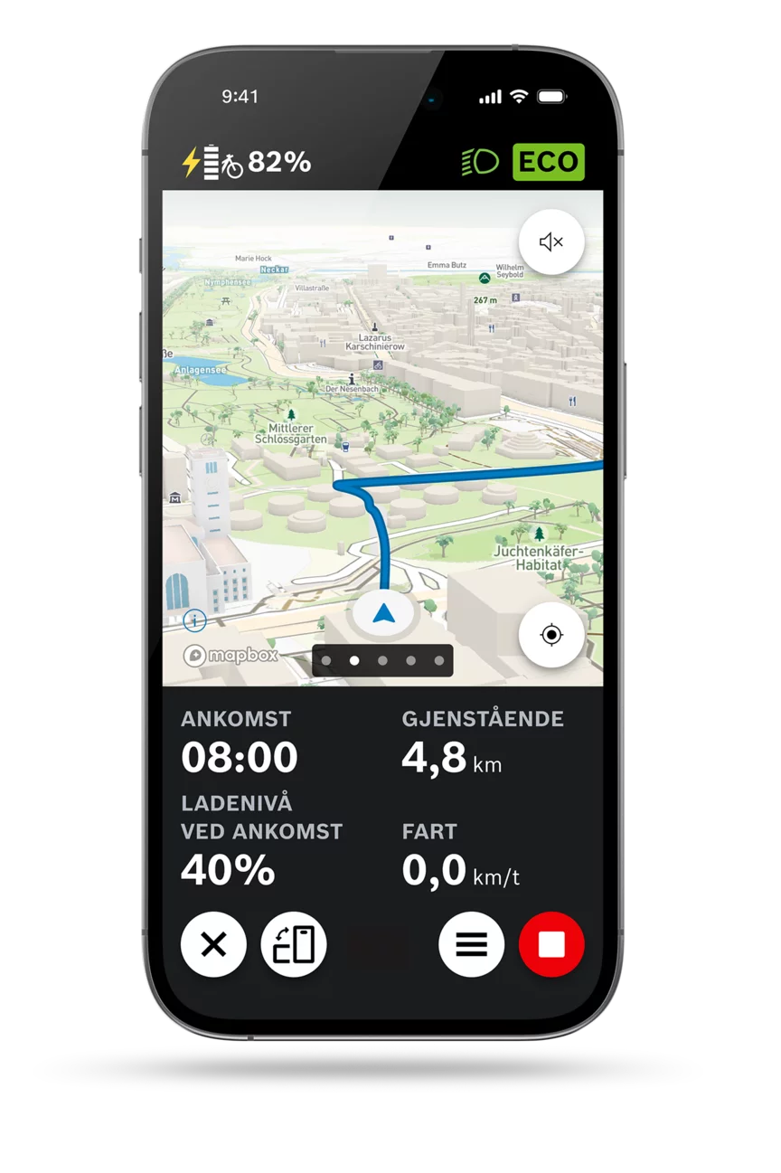 eBike Flow-app: skjermbilde av kartvisningen av navigasjon med 3D-kartvisning.