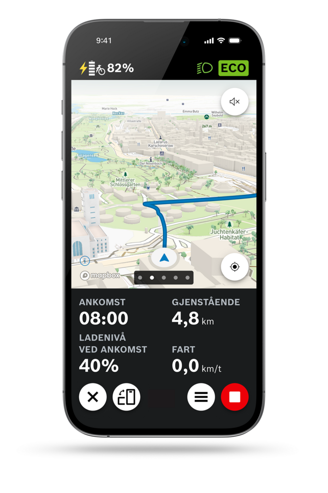 eBike Flow-app: skjermbilde av kartvisningen av navigasjon med 3D-kartvisning.