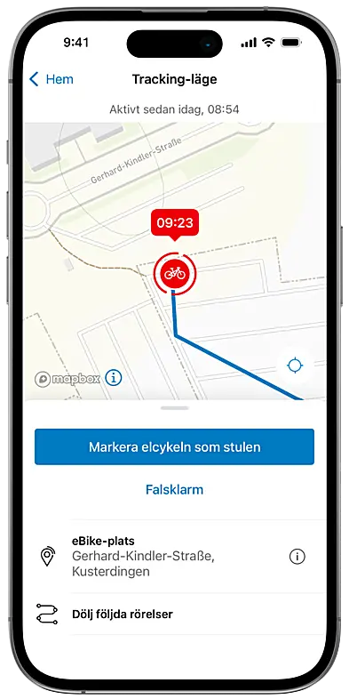 Visning av eBike-pass i eBike Flow-app på en beskuren smartphone, visad bredvid en elcykel och relevant information.
