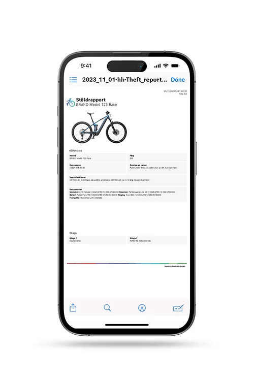 På en fristående smartphone kan man se en stöldrapport i eBike Flow-appen.