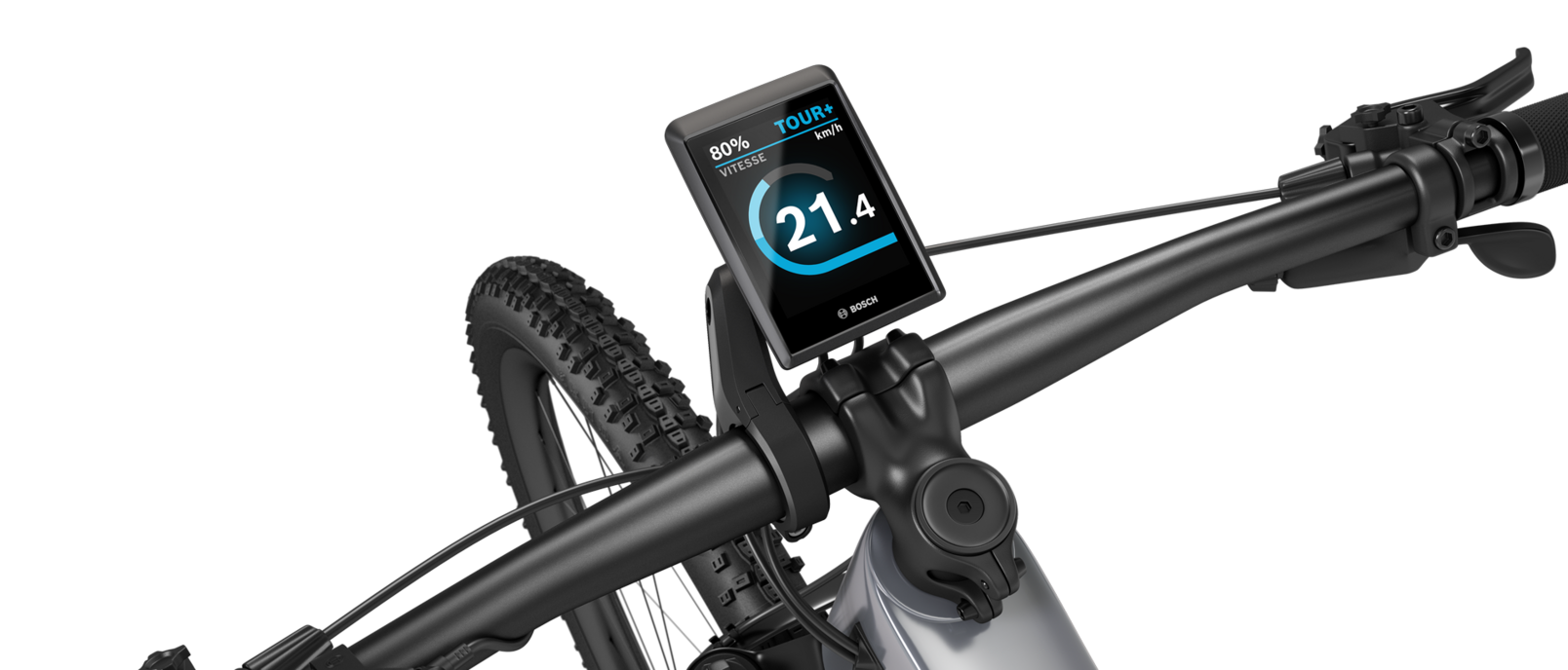 Un eBike noir détaché sur un fond blanc, avec un SmartphoneGrip monté sur le guidon.