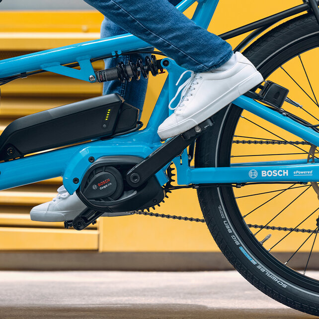 Primo piano Cargo Line su un eCargo Bike blu in uso.