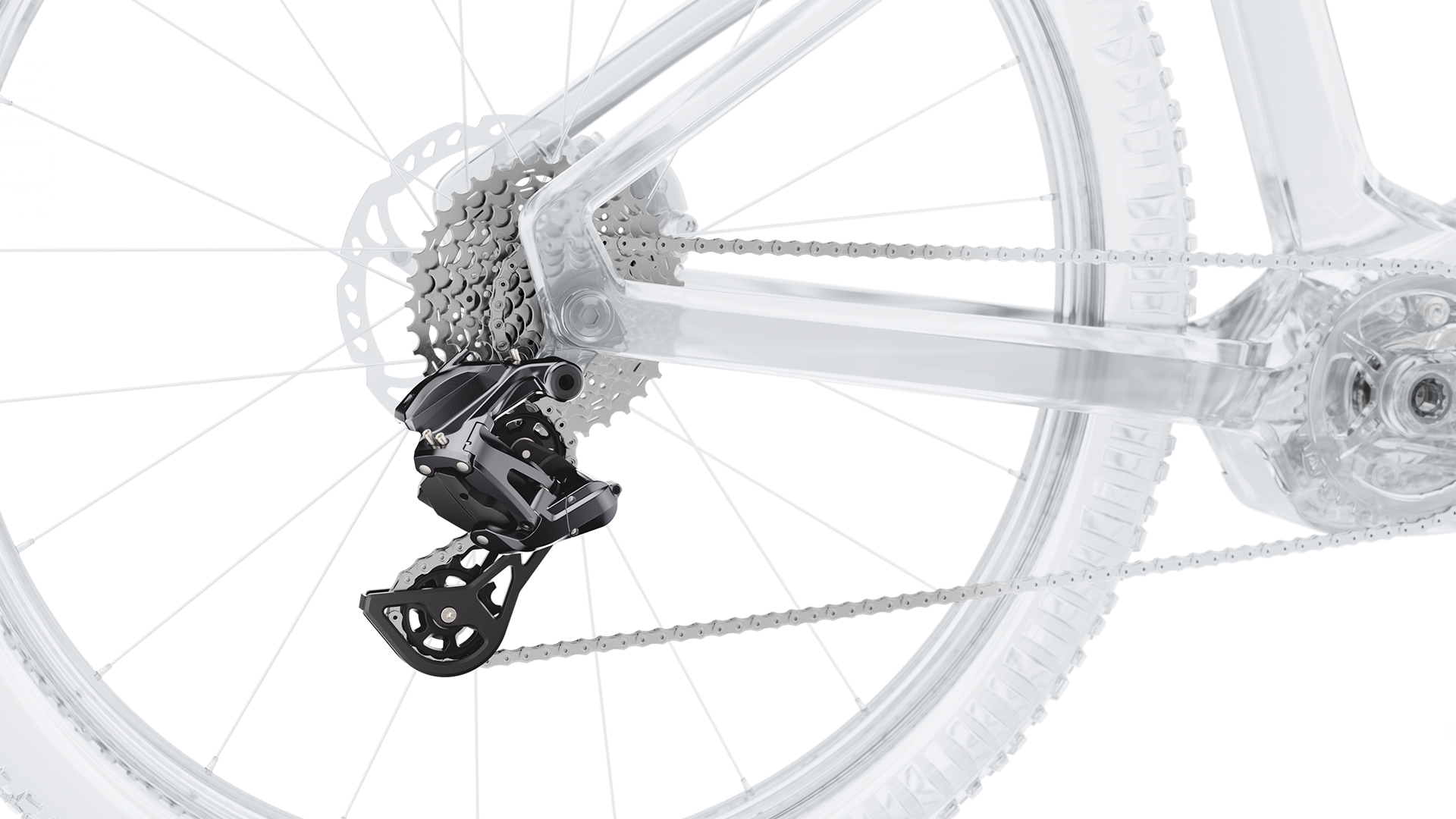 Zoom sur le dérailleur arrière d’un vélo électrique à l’aspect transparent.