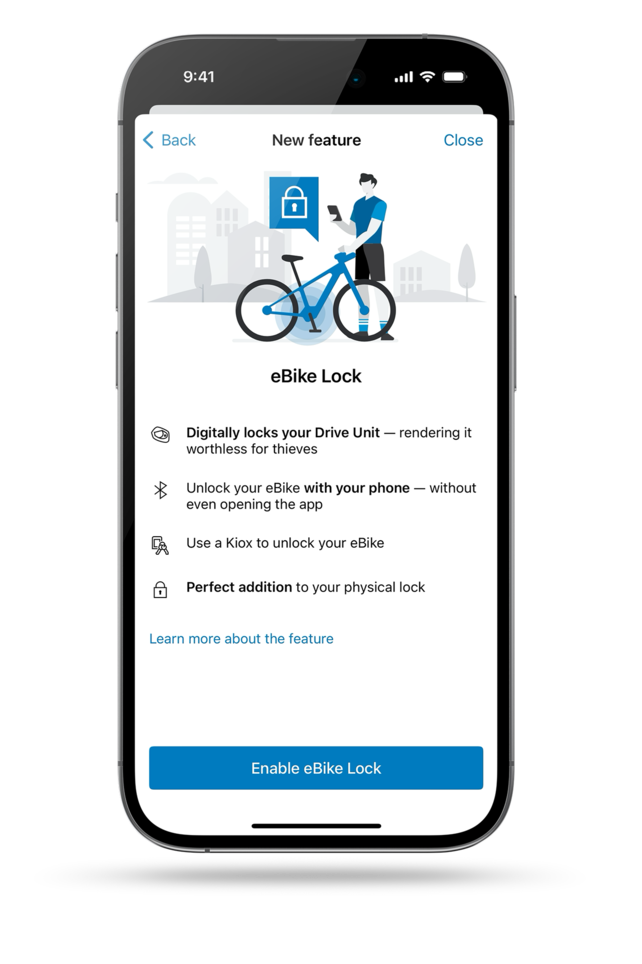 Scatto di uno schermo di uno smartphone con l'app eBike Flow aperta che introduce la nuova funzione eBike Lock.