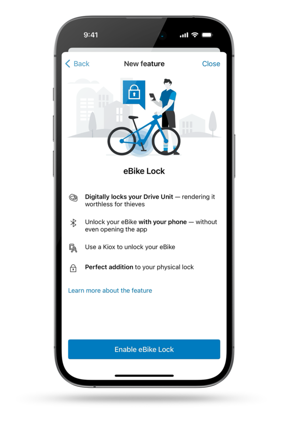 Screenshot of a smartphone with the eBike Flow App open, introducing the new feature eBike Lock.